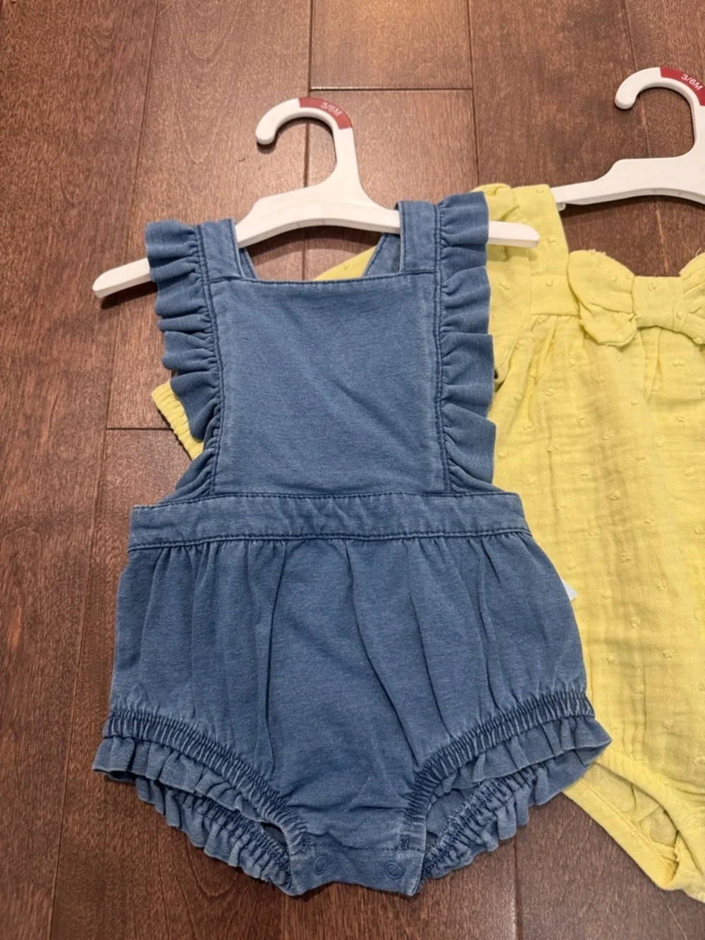 Cloud Island Yellow Bow Romper + Cat & Jack Denim Ruffle Romper 3-6 Months NWT
